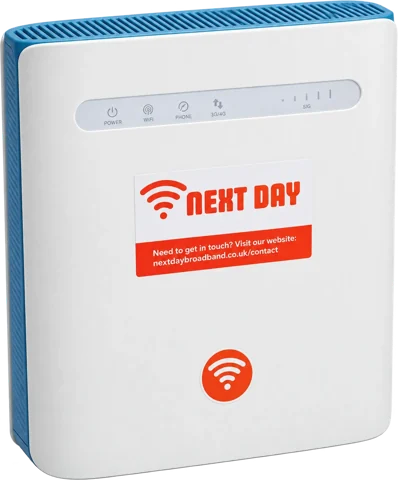 Everyday 30-day broadband router: white plug-in 4G router with the Next Day label