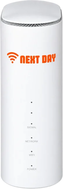 Everyday Plus 30-day broadband router: tall white 5G router with the Next Day logo